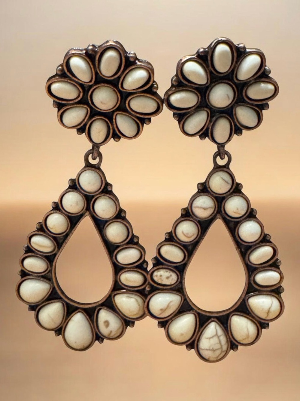 Boho Western White Howlite Stone Squash Blossom Drop Earrings - Picture 4 of 8